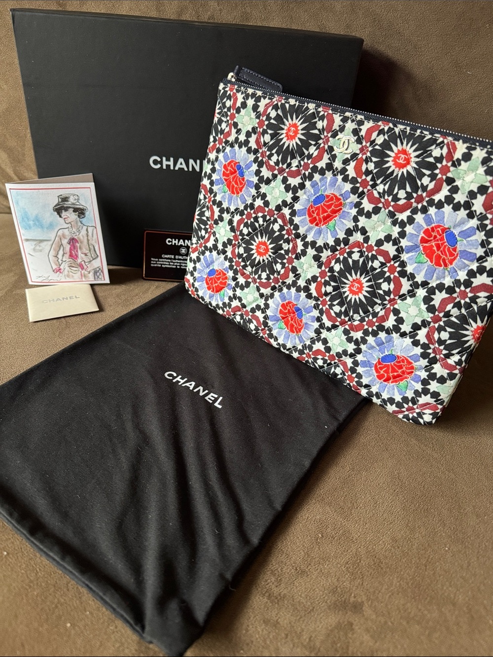 CHANEL Multicolor Floral Mosaic Zip Pouch With COA Dust Bag and Box Like New